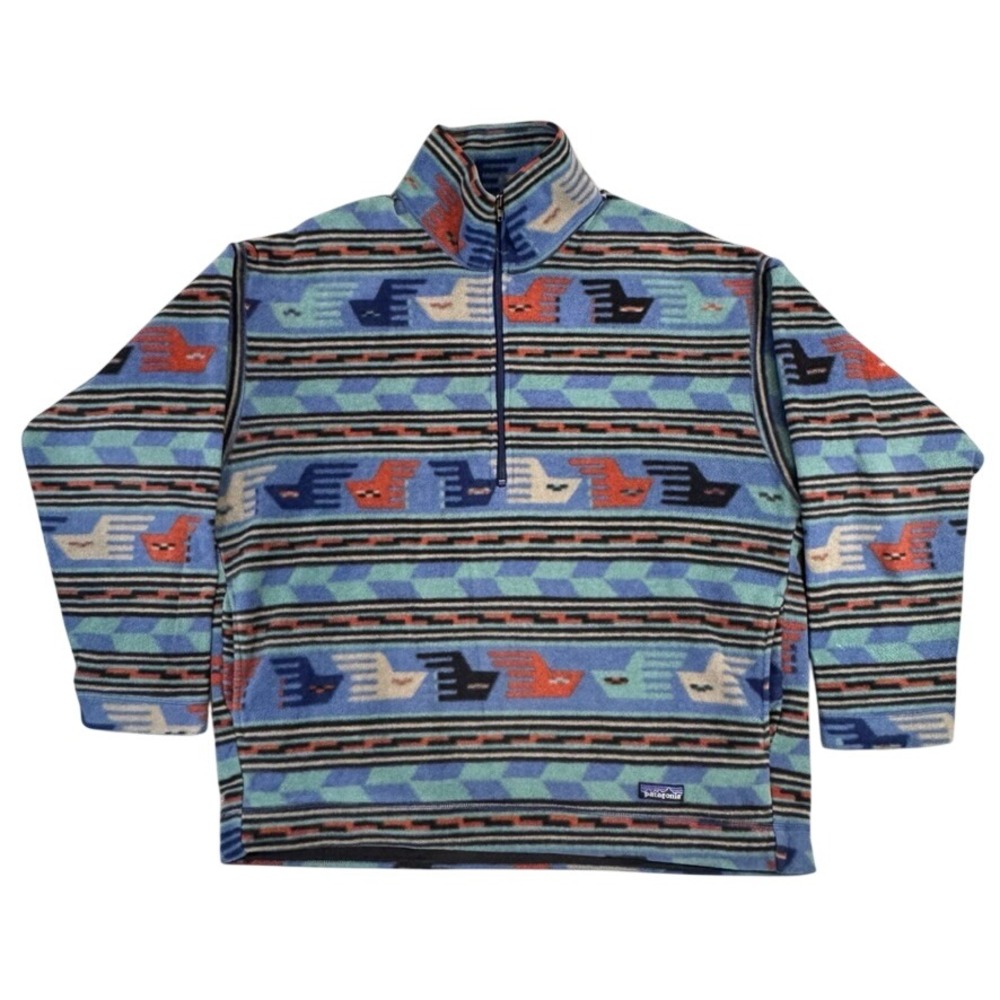 Patagonia Synchilla Fleece Pullover Quarter Zip Blue Geometric Bird Pattern